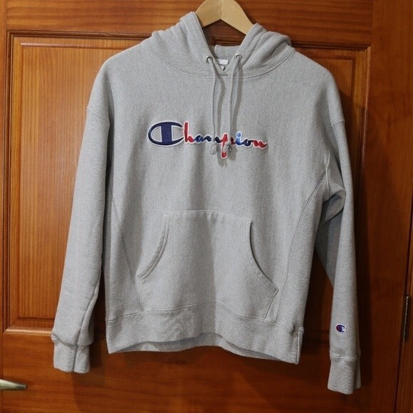 Vintage Champion Gray Reverse Weave Hoodie Sweatshirt Medium Logo Spellout - Picture 2 of 11